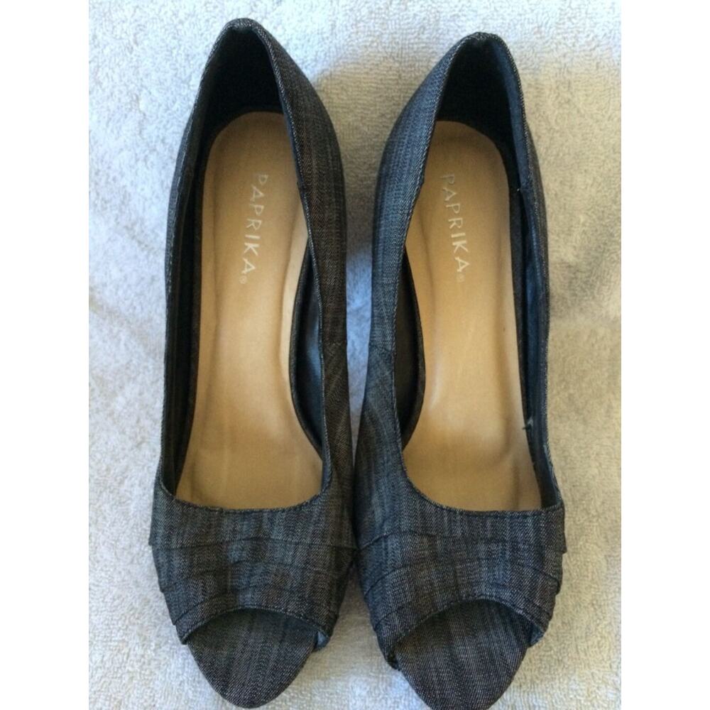 PAPRIKA Gray Peep Toe High Heel Canvas Women’s Stilettos Shoe Size 9